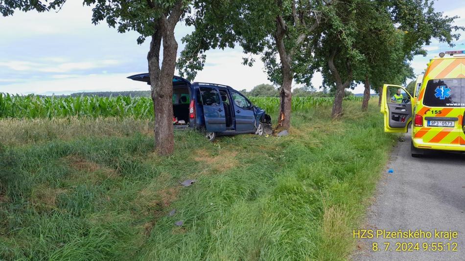 Řidička narazila s autem do stromu, otáčela se na děti na zadním sedadle