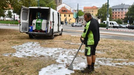 Plzeňští městští zahradníci hubí plevel na kraji cest v sadovém okruhu ekologickou metodou